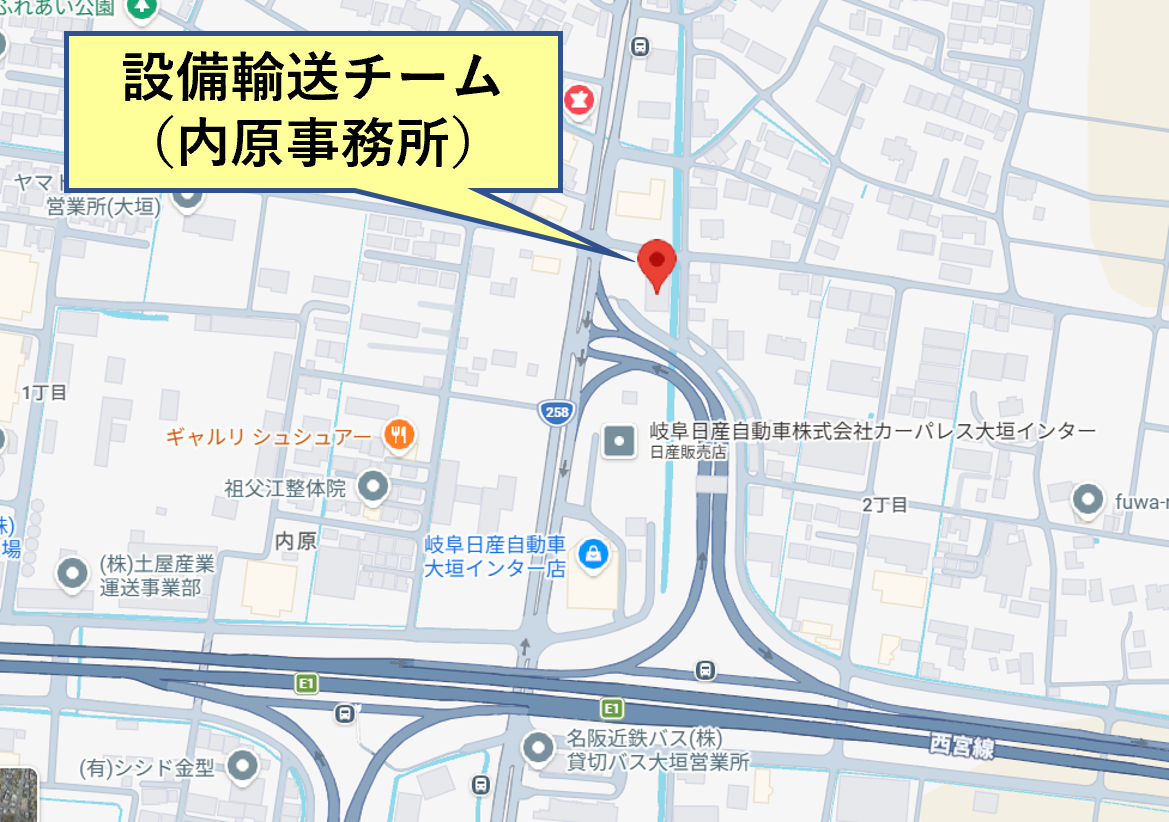 イビデン産業設備輸送チーム内原事務所の所在地案内図